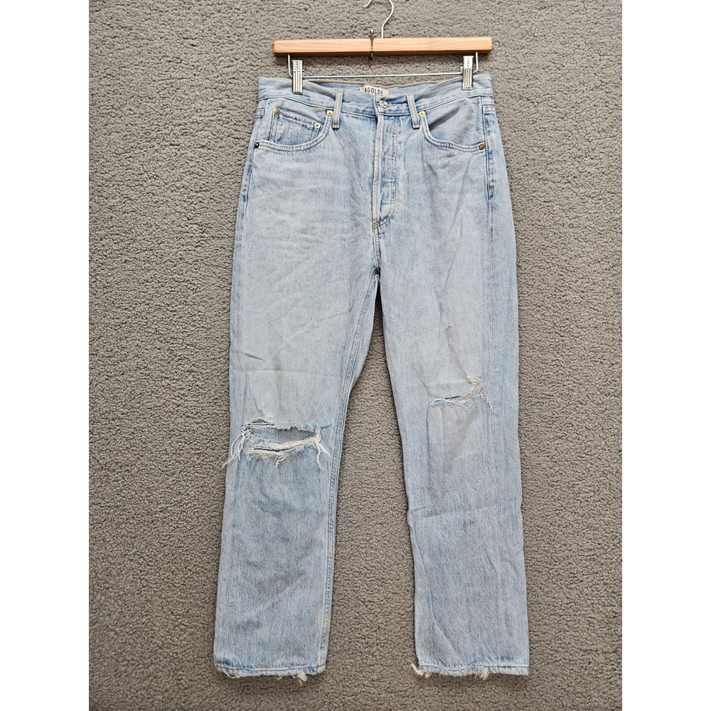 AGOLDE Riley Jeans 28 Light Blue Distressed Straight Leg High Rise Crop
